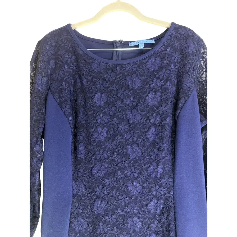 Antonio Melani Lace Dress Women Large Blue Long Sleeve Sheath Knee Length - Picture 7 of 7